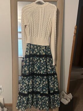 Anthropologie Cream Cable-Knit Sweater with Navy Floral Maxi Skirt